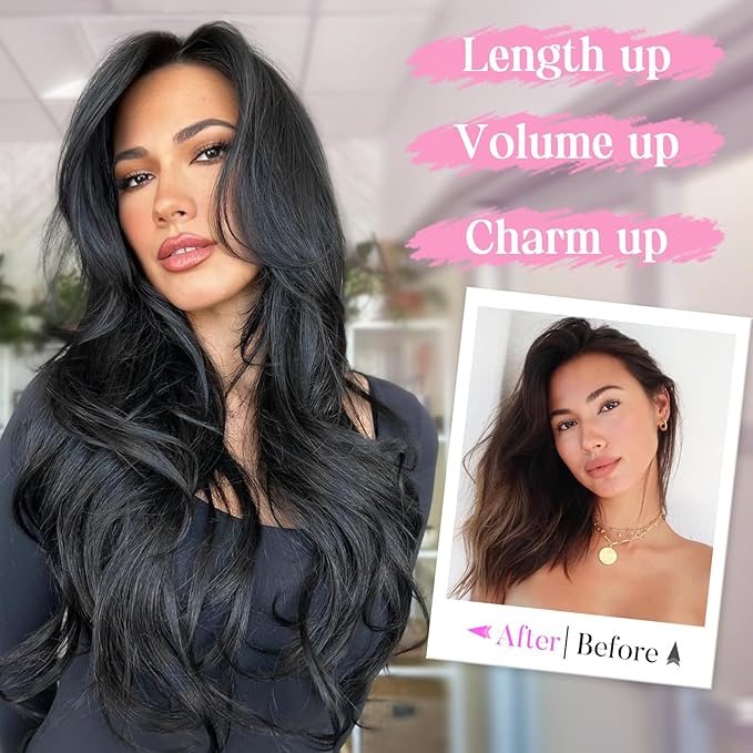 Invisible Wire Hair Extensions with Transparent Wire Adjustable Size 4 Secure Clips Long Wavy Secret Hairpiece 20 Inch for Women(Black)
