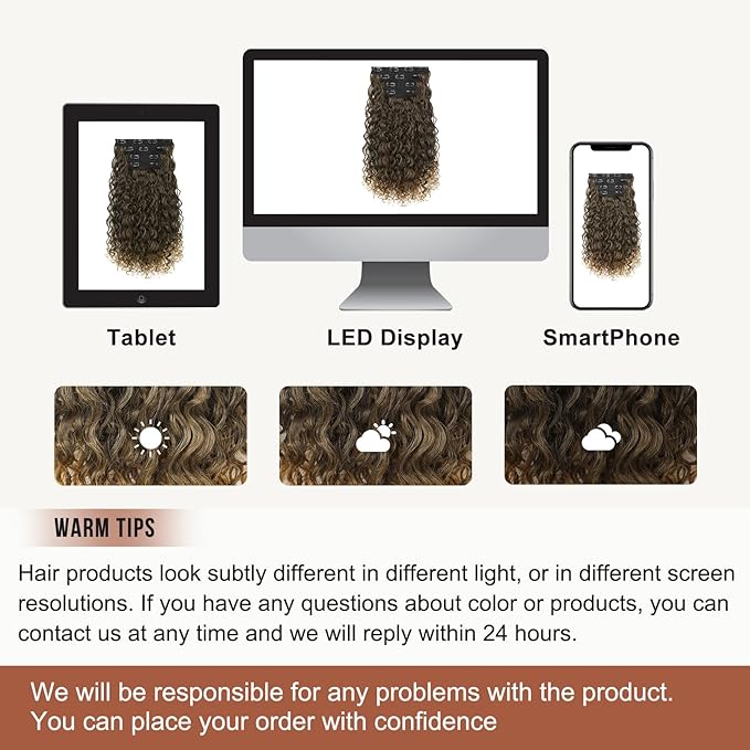 Clip in Hair Extensions, FLUFYMOOZ 4PC 100％ Pure Protein Silk Hair Extensions Long Soft Natural Hairpiece 16 Inch Curly Hair Extension for Women (Brown to Dirty Blonde)