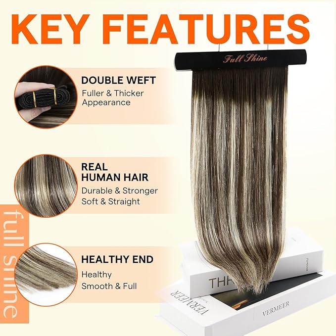 Full Shine Human Hair Weft Extensions Color #2/60/2 Dark Brown To Platinum Blonde Mix Brown Sew In Hair Extensions Real Human Hair For Women 22 Inch 105G