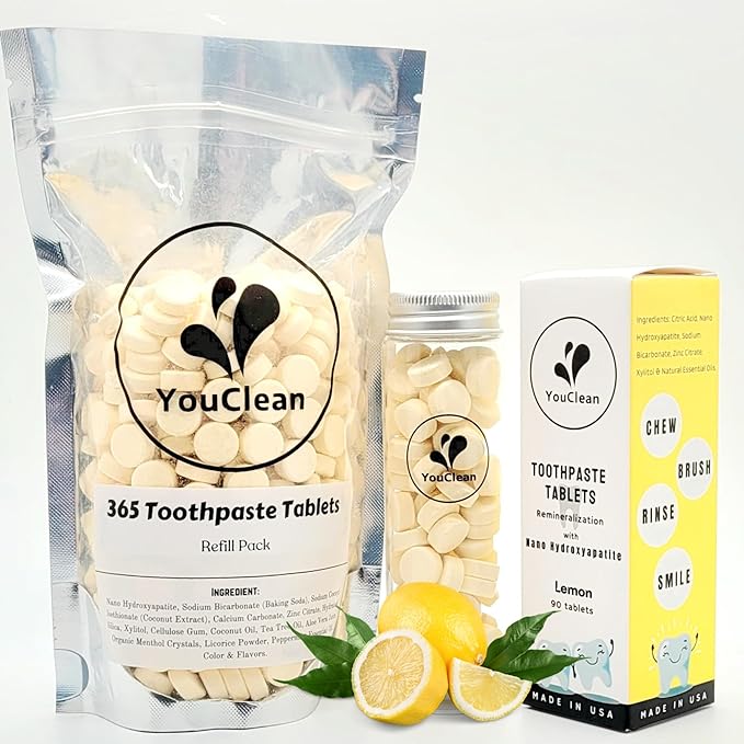 90 Toothpaste Tablets in Refill/Recycle Glass Tube - for Travel and Daily Home Office Use - Nano Hydroxyapatite, Fluoride-Free, Vegan (Citrus Lemon)