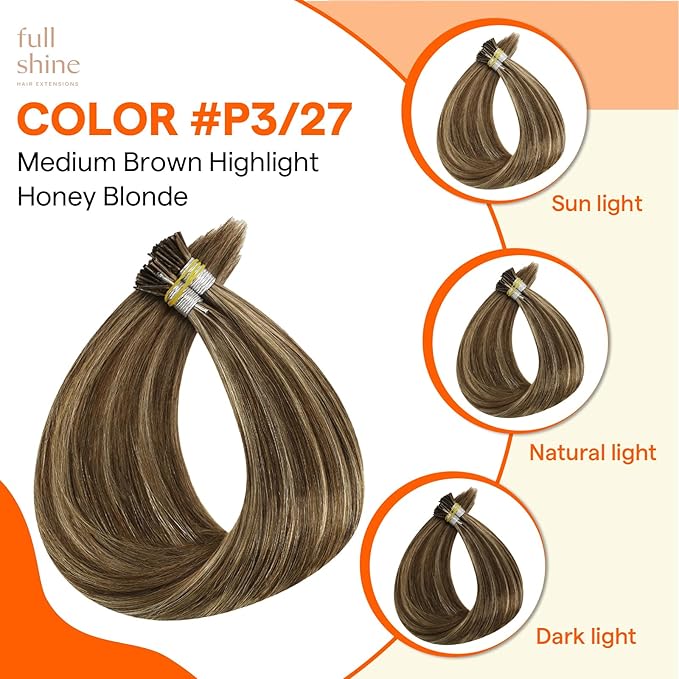 Full Shine I Tip Hair Extensions Human Hair Dark Brown Highlight Blonde Prebonded Human Hair Extensions 22 Inch 40 Grams Itips Extensions Remy Hair add Length
