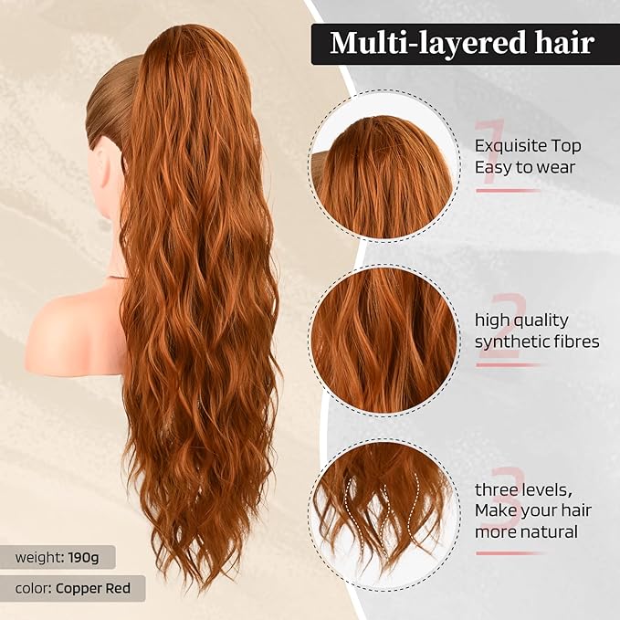 Flufymooz Ponytail Extension, 26 Inch Drawstring Ponytail Hair Extensions for Women， Long Curly Wavy Pony Tail Natural Wavy Synthetic Hairpiece for Women Daily Use party (26 Inch Copper Red)