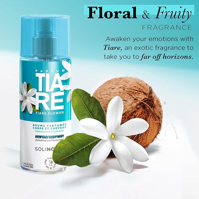 Solinotes Tiaré Body Mist – Alcohol-Free, Long-Lasting Fruity Floral Scent with Coconut, Peach, Vanilla & Musk– Clean, Refreshing Hair & Body Perfume Spray for Women (8.45 Fl Oz)
