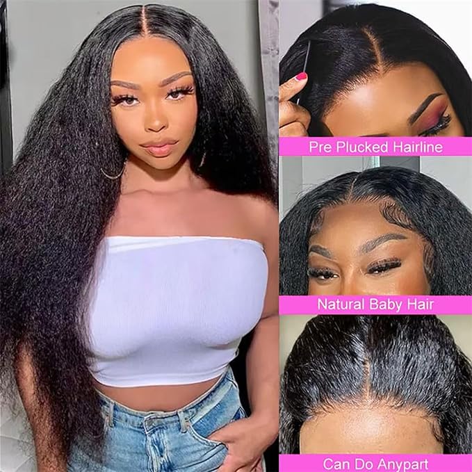 Yuksi Kinkystraight Human Hair Wig 13x6 Lace Front Wigs Human Hair Pre Plucked with Baby Hair 200% Density Yaki Straight Glueless Wigs Human Hair Pre Plucked (13x6 Yaki Straight Wig, 26 Inch)