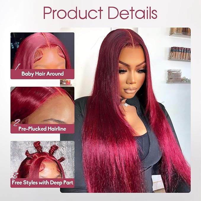 13x6 Burgundy Wig Human Hair,[2 Year Life],200% Density 99j Burgundy 13x6 HD Lace Front Wigs Human Hair Pre Plucked,Free Part Straight Wigs Human Hair for Black Women 32 Inch