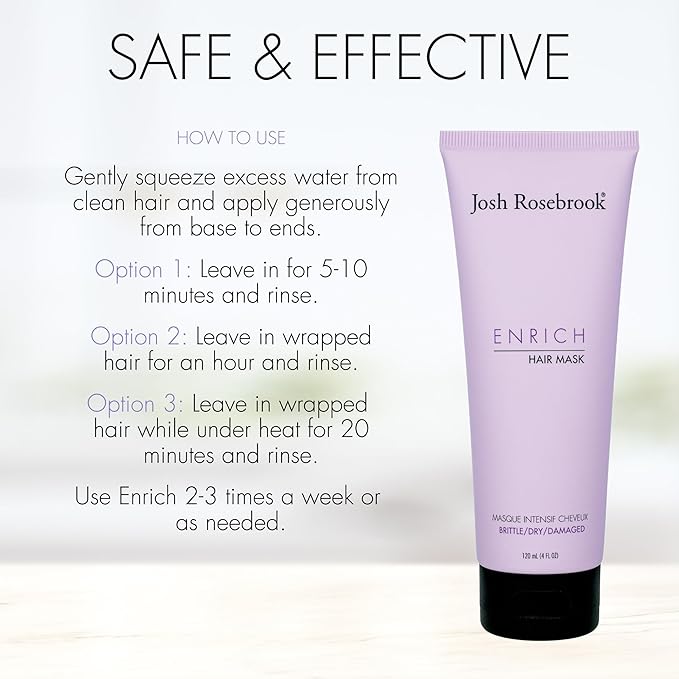 Josh Rosebrook Enrich Hair Mask for Dry & Damaged Hair, Deep Conditioning & lightweight - Anti-Frizz Leave-In Repair Treatment For Split Ends & Breakage, 4 fl oz