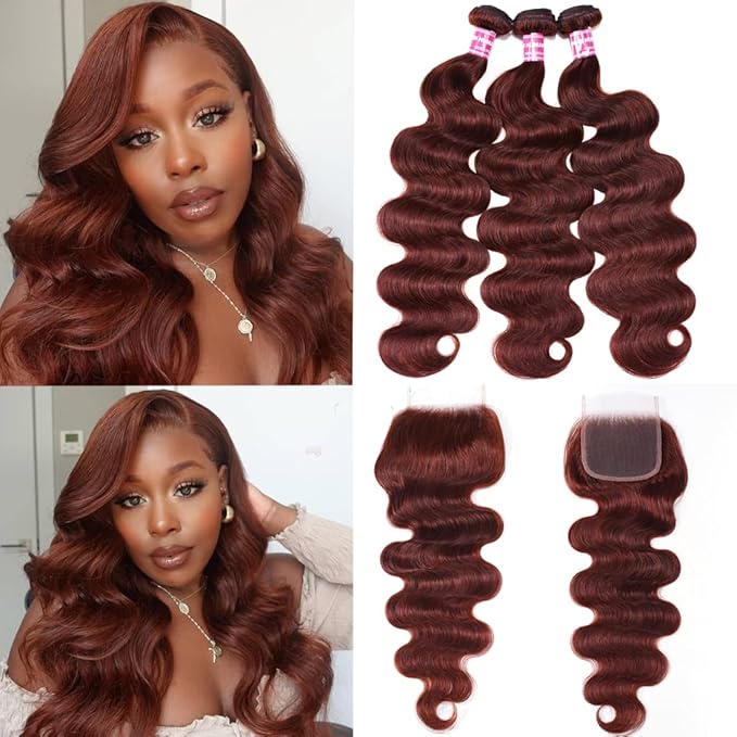 UNICE Reddish Brown Body Wave Human Hair 3 Bundles with 4x4 lace closure Free Part Brazilian Remy Hair Copper Red Wavy Bundles and Closure Colored Human Hair Extensions 18 18 18+18 inch Closure