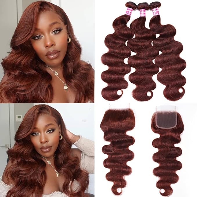 UNICE Reddish Brown Body Wave Human Hair 3 Bundles with 4x4 lace closure Free Part Brazilian Remy Hair Copper Red Wavy Bundles and Closure Colored Human Hair Extensions 16 18 18+16 inch Closure