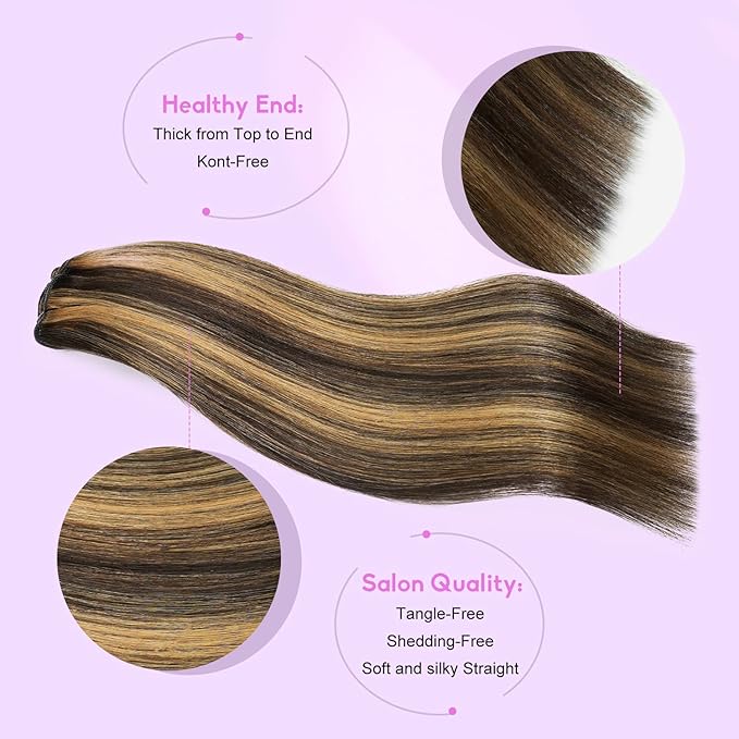 Clip in Hair Extensions Real Human Hair 8pcs Per Set with Double Weft 100% Seamless Hair Extensions for Women #Dark Brown Highlight Chestnut Brown 20inch 105g/3.7oz