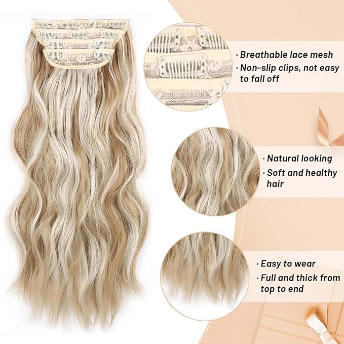 4PCS Clip in Hair Extensions 20 Inch Long Wavy Hair Extension Clip Ins Caramel Brown Mixed Honey Blonde Hair Extensions for Women Synthetic Highlights Hairpieces for Women (20INCH, P22/60A)