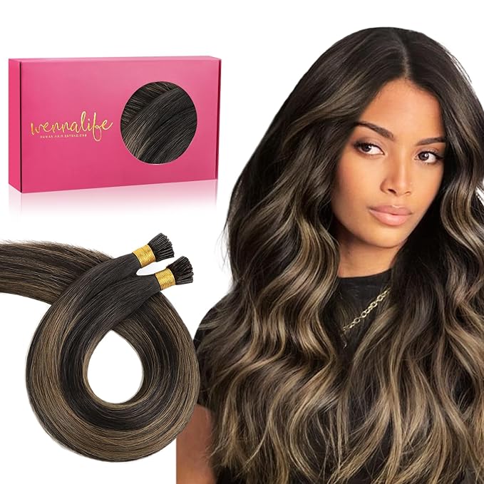 WENNALIFE I Tip Hair Extensions Real Human Hair, 100g 200s 16 Inch Balayage Dark Brown Mixed Chestnut Brown Remy Itip Human Hair Extensions Invisible Itips Straight I Tips Cold Fusion Extensions