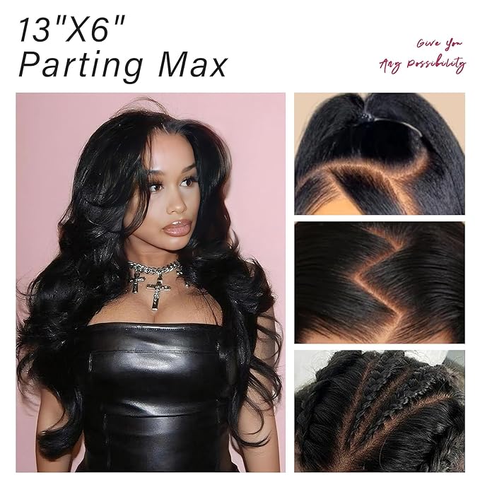 13x6 HD Lace Curtain Bangs Wig Human Hair 200% Density PartingMax Lace Wigs Bouncy Loose Wave Lace Front Wigs Human Hair Pre Cut Plucked Lace Frontal Glueless (Black Color, 16”)