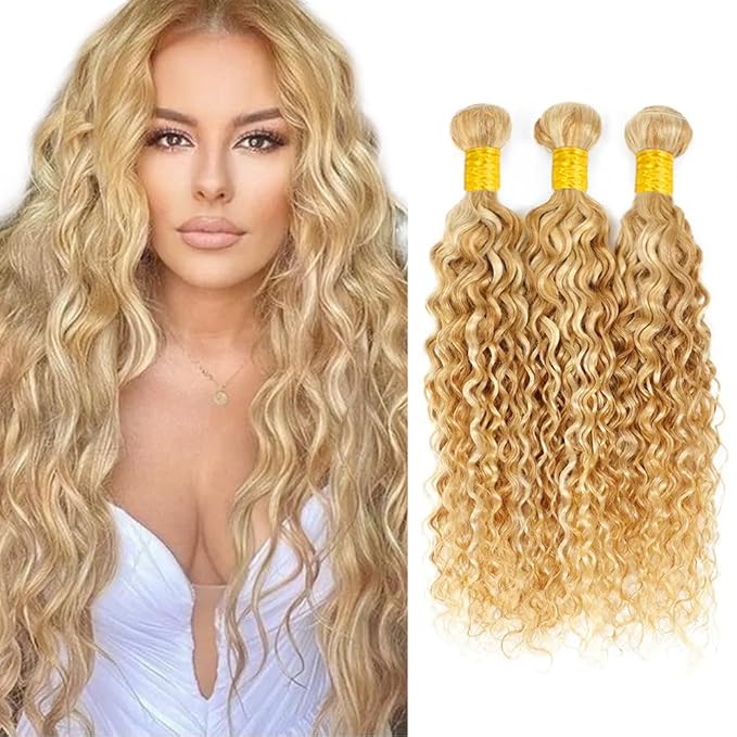 28 30 32 inch P27/613 Water Wave Bundles Blonde Human Hair 3 Bundles 613 Wet and Wavy Bundle Double Weft Long Hair 300g
