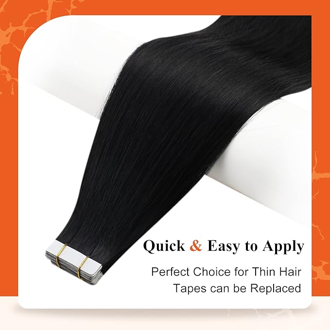 Full Shine Invisible Tape in Hair Extensions Human Hair 18Inch Soft Remy Tape in Hair Extensions Color Jet Black Tape Ins Human Hair Extensions 20Pcs 50Grams Long Straight for Women