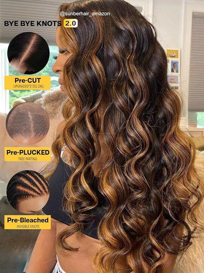 Sunber Ombre Highlight #FB30 Bye Bye Knots 7x5 Lace Front Glueless Human Hair Wig Balayage Wavy Pre Everything Put On Go Pre Bleached Invisible Knots 16Inch