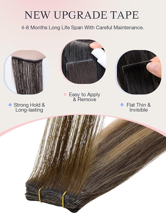 DOORES Invisi Edge Tape in Human Hair Extensions, Chocolate Brown to Caramel Blonde 10 Injection Tape-ins with 10 Injection Tape-ins 50g 20 Inch 20pcs, Invisible Tape in Extensions Straight