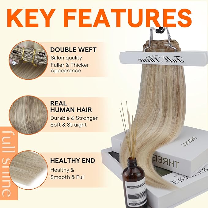 Full Shine Hair Weft Extensions Real Human Hair Remy Straight Weave Hair Bundles Sew In Human Hair Extensions Color 18 Ash Blonde Highlighted 613 Bleach Blonde Human Hair Weft 105G 16 Inch