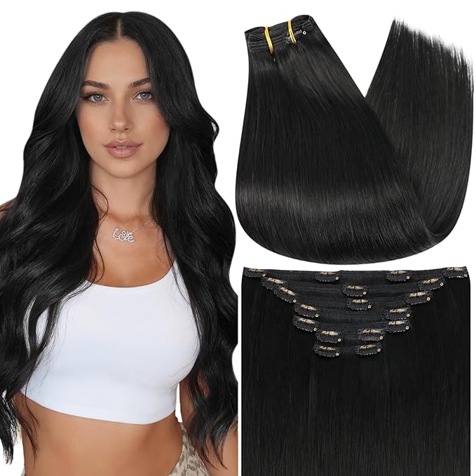 Full Shine Clip on Black Hair Extensions Real Human Hair 7 Pcs 120 Grams Remy Hair Silky Straight Clip in Hair Extensions for Black Women 16 Inch