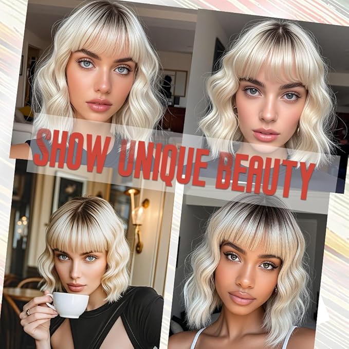 WAVE&BREEZE Blonde Wig with Bangs Short Wavy Bob Wigs for Women Natural Looking Ombre Blonde Hair Replacement Wigs Shoulder Length Daily Party Cosplay Costume Halloween Hair