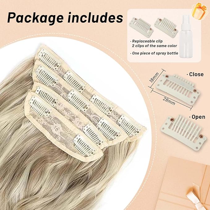 4PCS Curly Clip In Hair Extensions Dark Golden Mix Beige Blonde Synthetic 20inch long Wavy Clip in Hair Extensions Double Weft Long Thick Hairpieces Full Head For Women (20INCH, 18H613)