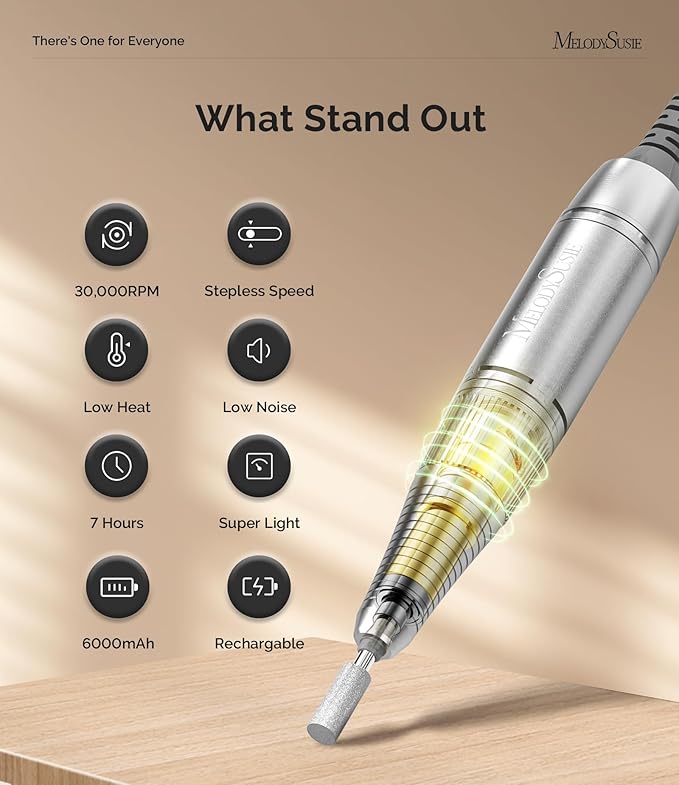 MelodySusie Entry-Level Clip-On Cordless Nail Drill, SC320H 30000RPM Popular Classic E-File with LCD Display for Manicure Shaping & Gel Removal, Perfect for Training, Nail Art Practice & Home Use