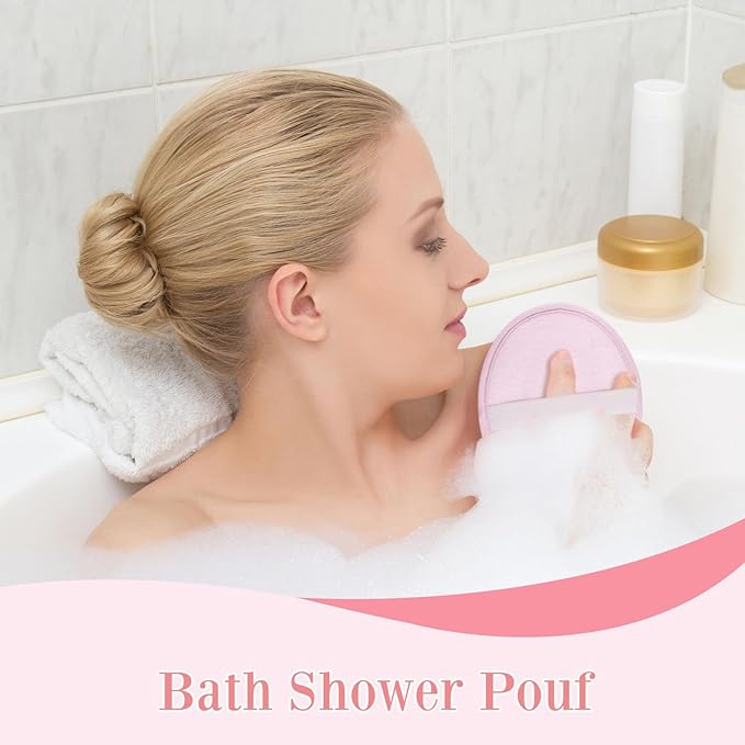 Boao 3 Pcs Bath Shower Pouf Sponge Mesh Pouf Shower Ball Exfoliating Body Sponge Pad Scrubber Glove with Flower Bath Ball (Pink)