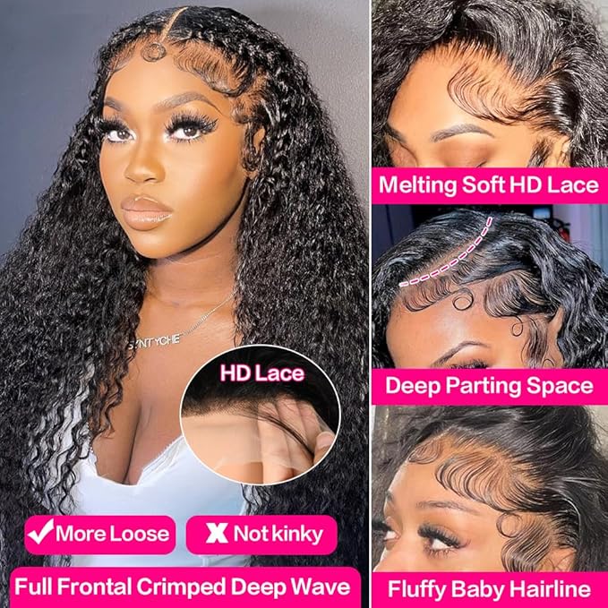 Deep Wave 13x6 Lace Front Wigs Human Hair 200% Density 34 Inch Curly Human Hair Wig for Women Natural Black HD Transparent Lace Glueless Frontal Wigs Human Hair Pre Plucked