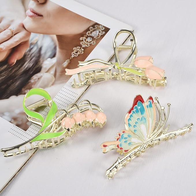 3-Piece Floral Metal Hair Accessories: Butterfly, Lily, Tulip Barrettes with Strong Hold and Non-Slip Design for Thin to Thick Hair