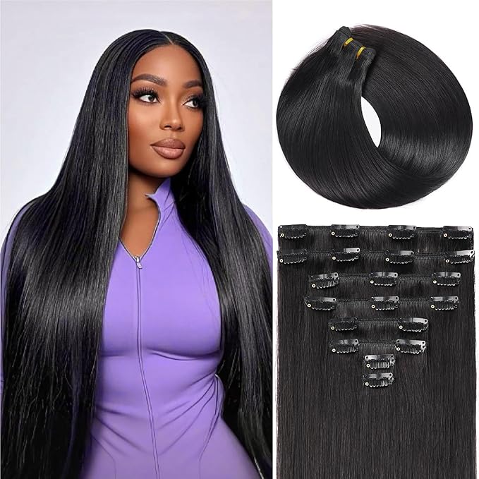 Clip in Hair Extensions Real Human Hair,100% Seamless Remy Human Hair Straight,Clip Extensions for Women, 8pcs Per Set with Double Weft,1B Natural Black,22inch 110g/4oz