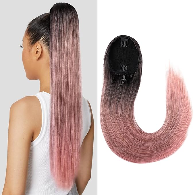 SEIKEA 28" Drawstring Ponytail Extension for Black Women Long Straight Fake Hair Natural Soft Clip in Hair Extensions Synthetic Heat Resistant Hairpiece Natural Black/Pink