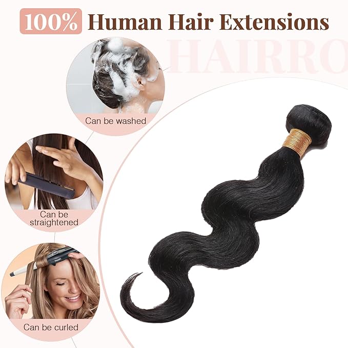 Hairro Sew in Hair Extensions Real Human Hair, 100g/bundle Weave Weft for Women Adding Volume and Length, for DIY Beauty Dating Party, 20 Inch 3 Bundles Body Wave #1B Natural Black