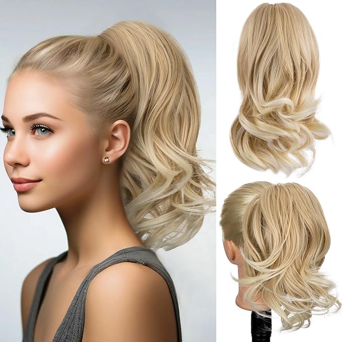 12 Inch Ponytail Extension, Claw Clip inWavy Pony Tails Hair Extensions, Synthetic Hair Extensions Ponytail, Clip on Ponytails for Women - Golden Blonde with Light Ends22