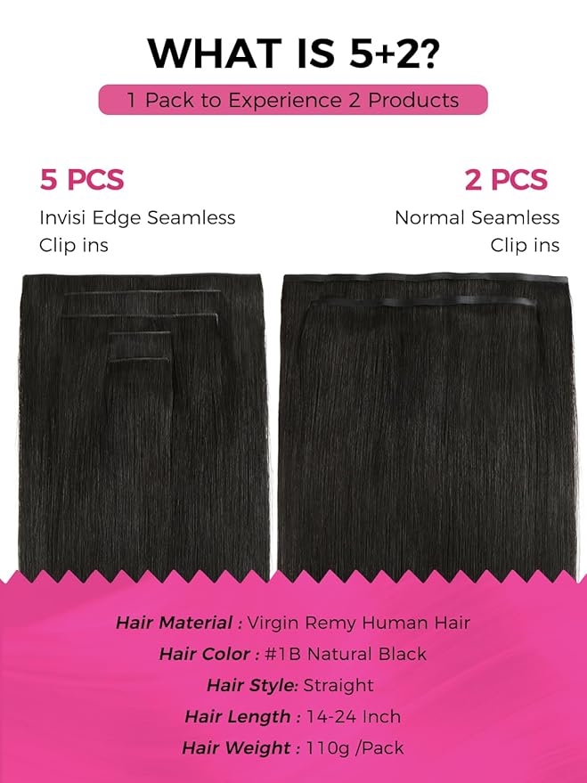 Lashey Invisi Edge & Seamless Clip in Hair Extensions Human Hair, 14 Inch 110g 7pcs(5pcs Invisi Edge& 2pcs Seamless) Real Virgin Human Hair Extensions, Natural Black Straight Hair