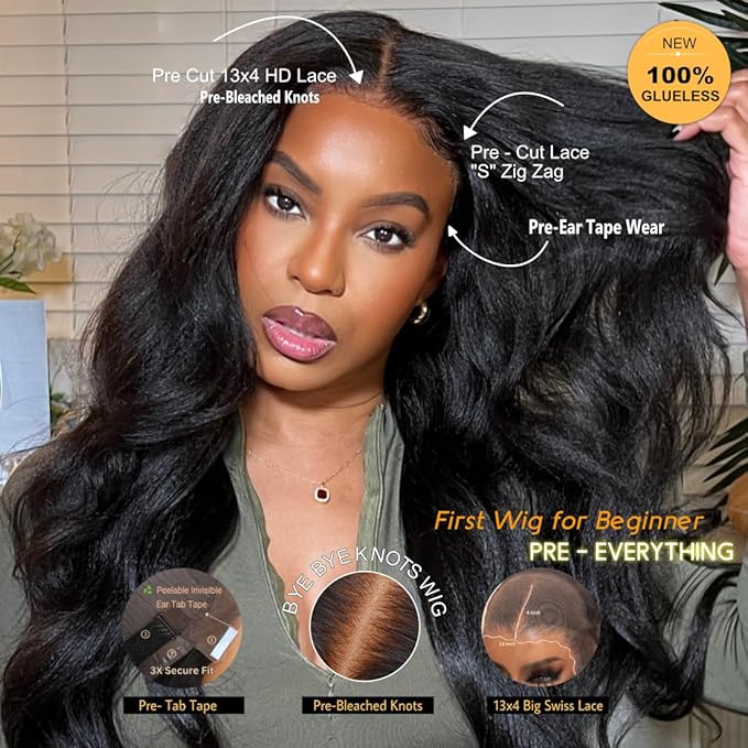 Sunber Yaki Straight Human Hair Pre Everything 13x4 Lace Frontal Glueless Wig Pre Cut Lace Pre Bleached Invisible Knots 180% Density Put on Go Bye Bye Knots No Glue 22Inch Yaki Straight Human Hair Wig