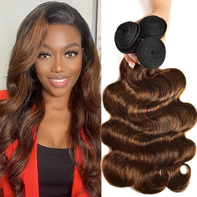 UNICE Brown Highlight Body Wave Human Hair Weave 3 Bundles 18 18 20 inches, Brazilian Remy Hair Ombre Blonde Human Hair Wavy Weaves Sew in FB30 Piano Color