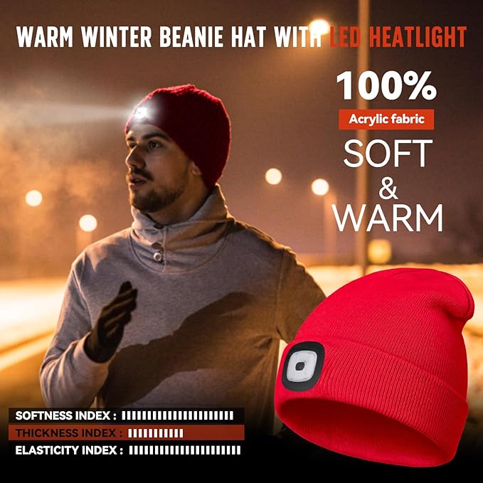 Unisex Beanie Hat with Light, Rechargeable Headlight Cap, Stocking Stuffers for Men, Cool Gadget Gifts for Him, Birthday Gifts for Women, Gifts for Him, Red