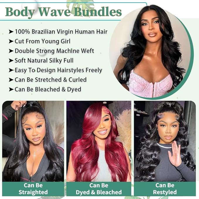 Body Wave Bundles Human Hair 16 Inch 14A Human Hair Bundles Real 100% Raw Unprocessed Brazilian Virgin Sew in Quick Weave Natural Black Deals Thick Hair Extensions