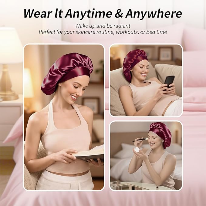 5 Pack Satin Bonnet for Women, 30cm Adjustable No-Slip Sleep Cap for Curly Hair, Breathable Head Wrap for Sleeping & Skincare