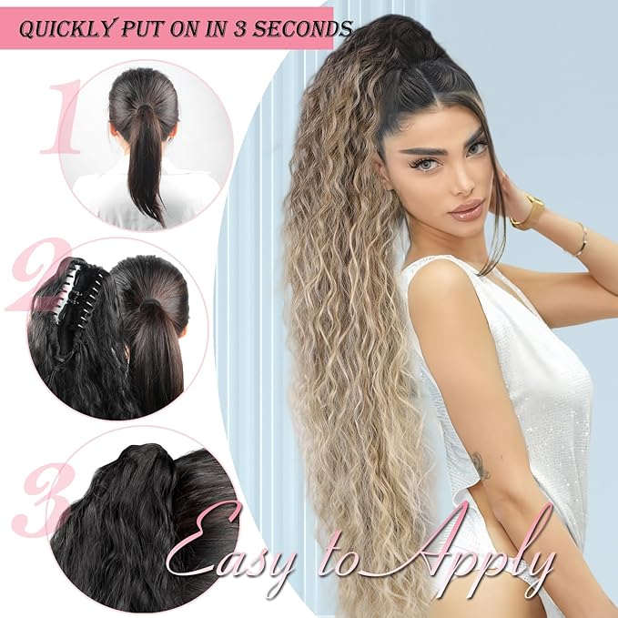 ENBEAUTIFUL 30" Claw Clip Ponytail Extension Long Wavy Ponytail Extension Synthetic Pony Tails Hair Extensions Clip in Hair pieces for Women Ombre Brown mix Blonde