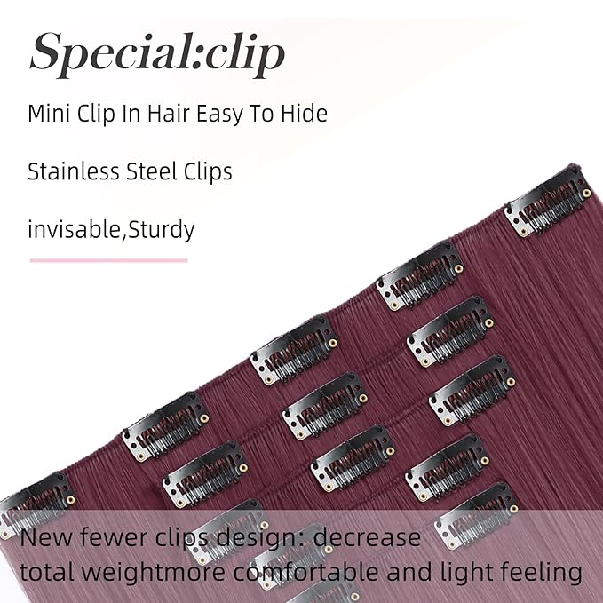 Burgundy Clip in Extensions 18 Inch Long Invisible Thick Synthetic Fake Extension Straight Clips on Hair Pieces 5PCS Soft And Not Easily Knotted Hairpieces for Women Weddings Daily Use 6.5 Oz