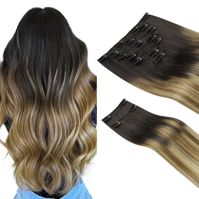 HOTBANANA Clip in Hair Extensions Real Human Hair, 135g 9pcs 16 inch Balayage Ombre Brown to Dirty Blonde Straight Remy Clip in Extensions Full Head for Women