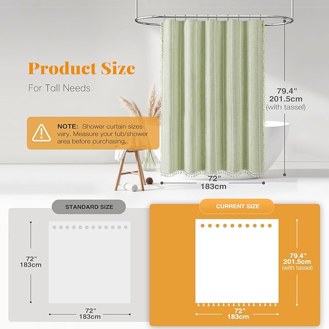 BTTN Boho Farmhouse Shower Curtain - Linen Rustic Heavy Duty Striped Fabric Shower Curtain Set, Bohemian Vintage Country Cloth Shower Curtains for Bathroom, Sage Green, 72" W x 78" L (Pack of 1)