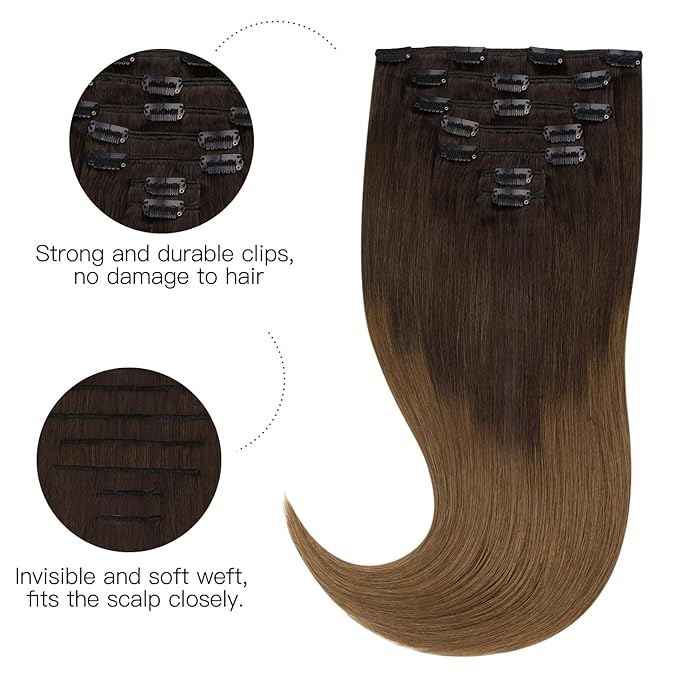 HOTBANANA Clip in Human Hair Extensions, Natural Black to Dark Brown and Chocolate Brown 120g 16 Inch 7pcs, Clip in Hair Extensions Remy Human Natural Straight
