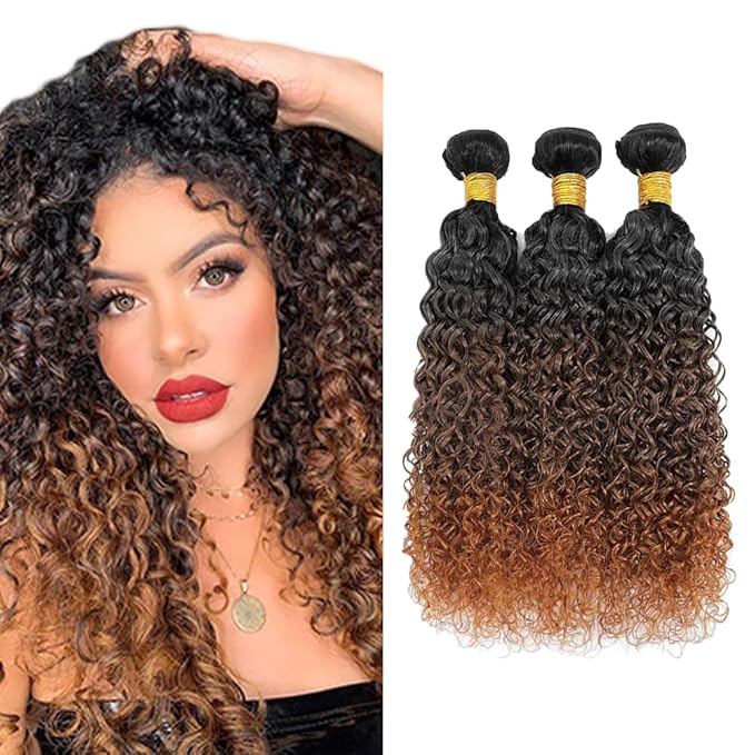 28 30 32 inch Omber Brown Bundles Human Hair #4 Kinky Curly Bundles 3 Tone Black Roots to Brown Bundle