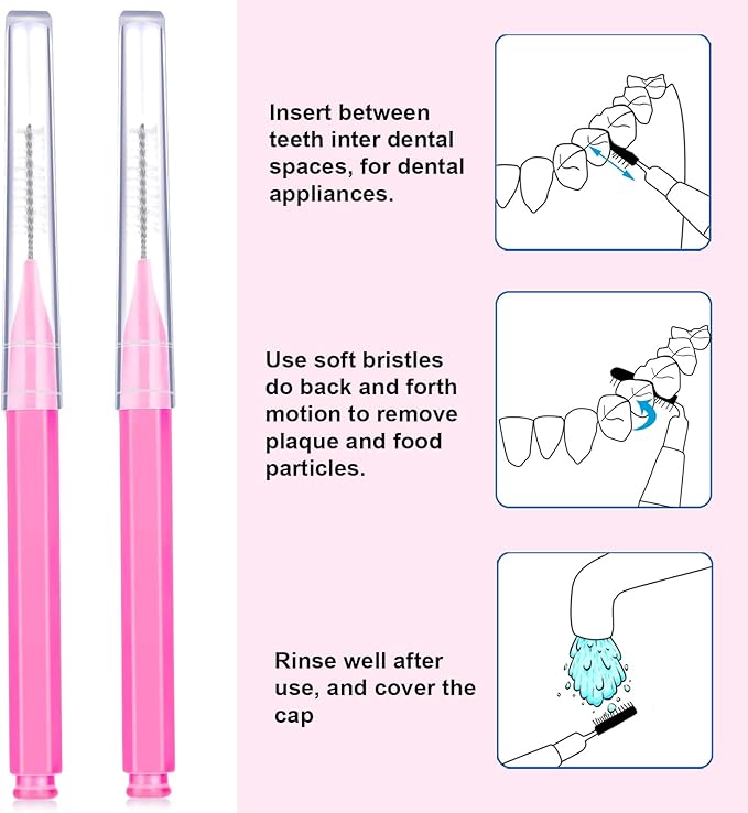 Patelai 100 Pieces Braces Brush for Cleaner Interdental Brush Toothpick Dental Tooth Flossing Head Oral Dental Hygiene Flosser Toothpick Cleaners Tooth Tool(Pink,Portable Size)