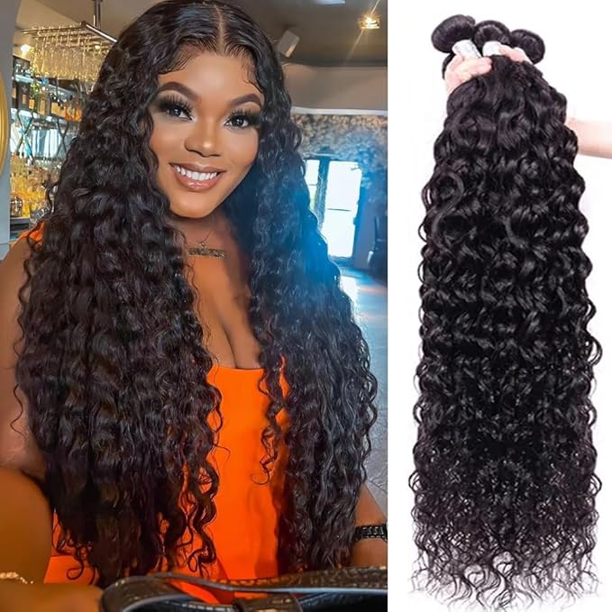 Water wave bundles 100% Unprocessed human hair bundles with Hair Extensions Natur weave color for women 100g/bundle(Natural Black, Water 22 24 26 28 Inch)