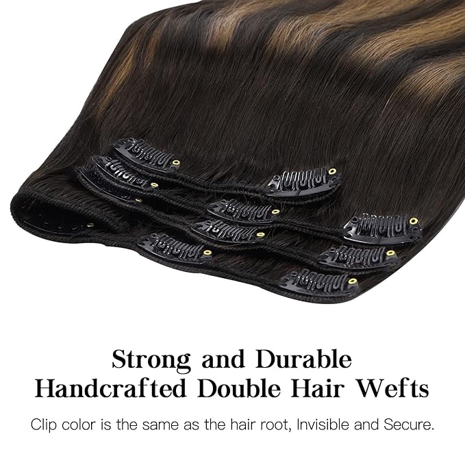HOTBANANA Human Hair Clip in Hair Extensions, Balayage Dark Brown Mixed Chestnut Brown 120g Clip in Hair Extensions Real Human Hair Straight Remy Hair Clip Ins Dark Roots Ombre 18 Inch 7pcs