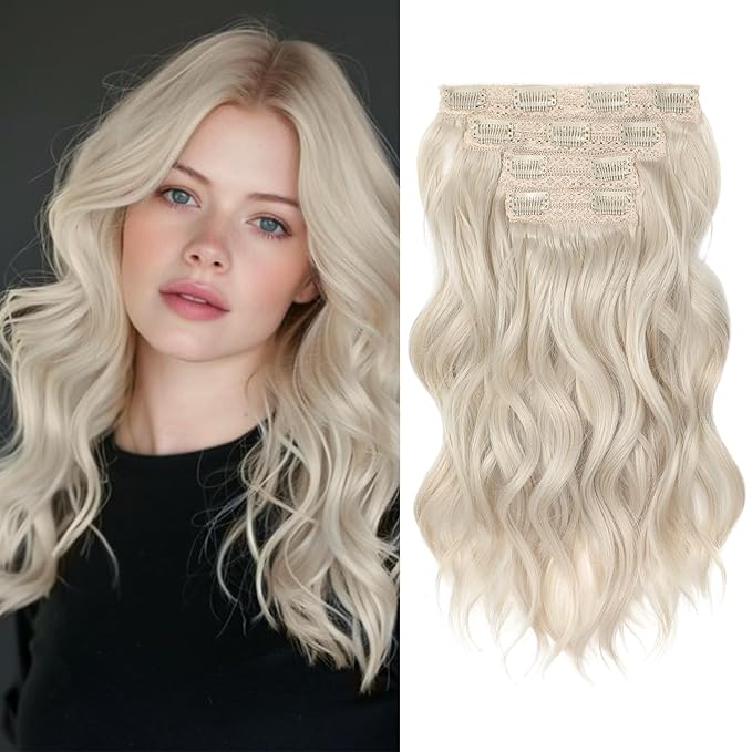 REECHO 14" Short Beach Wavy Hair Extensions - 4PCS Clip in Invisible Lace Weft Natural Soft Hairpieces for Women - Pearl Platinum