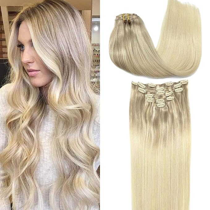GOO GOO Clip in Hair Extensions Real Human Hair, Remy Human Hair Extensions Clip ins for Women, Natural Human Hair, 22 Inch 170g 7Pcs, 17/22/60 Balayage Ash Blonde to Golden Blonde and Platinum Blonde