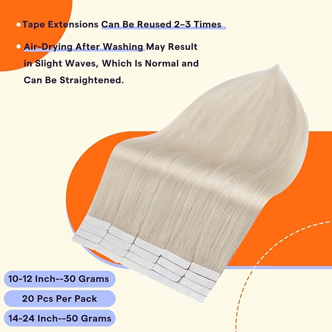 Full Shine Tape in Hair Extensions Real Human Hair Color 1000 Blonde Human Hair Extensions Tape Ins 18 Inch Straight Remy Extensions 50g 20 PCS Tape In Extensions Human Hair